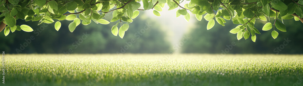 Obraz premium Nature's tranquility sunlit meadow under leafy canopy outdoor landscape peaceful viewpoint