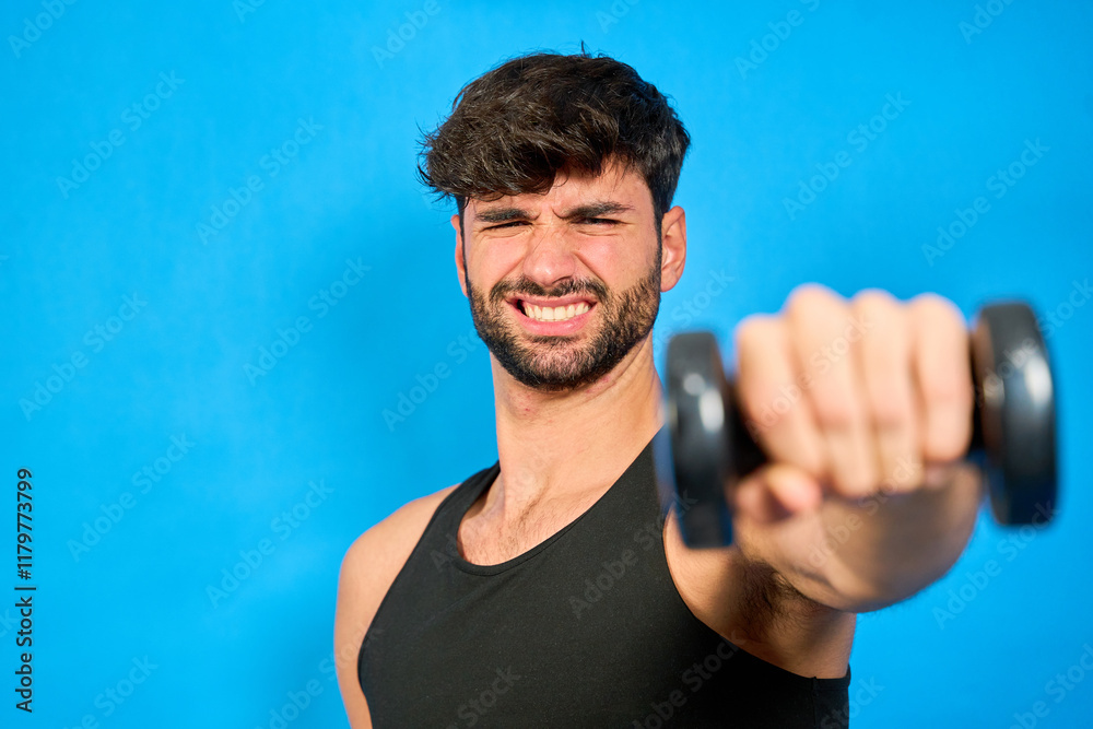 Young man lifting weights with funny expression on blue background Young man lifting weights with funny expression on blue background