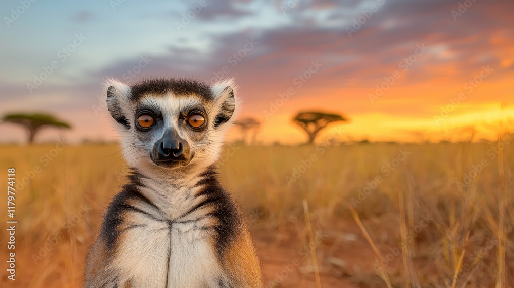 Naklejka premium A curious lemur gazes at the sunset, surrounded by golden grass and silhouettes of trees, capturing the beauty of wildlife in its natural habitat.