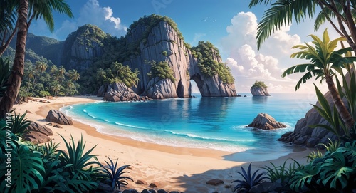 A secluded beach cove surrounded by rocky cliffs and tropical plants