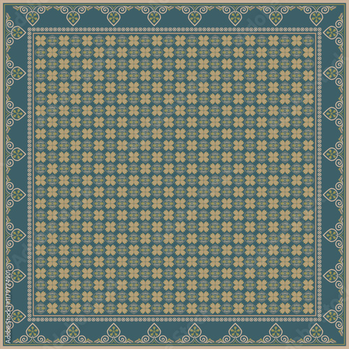 Hijab scarf flower abstract pattern.Ethnic geometric ornament with frame motif border hijab pattern.Design for fabric,print,scarves,shawl,kerchief,bandana,clothing,pareo,pillows,tablecloth,decoration.