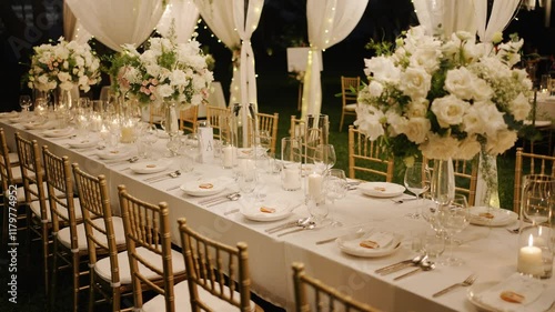 Decoration dinner set up in Thailand and tropical wedding set upWedding decor table set up candle catering dinner dish luxury event. Close up Festive fine setting white table row chair flower