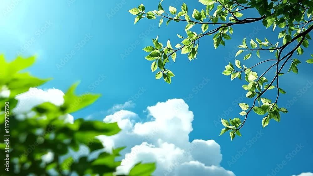 Tiny, vibrant green leaves emerge from a tree branch silhouetted against a brilliant blue sky, with soft, white clouds drifting in the background. Tiny, vibrant green leaves emerge from a tree branch silhouetted against a brilliant blue sky, with soft, white clouds drifting in the background.