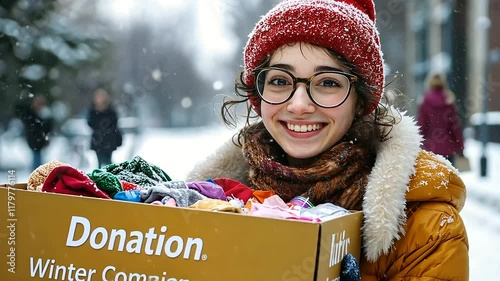 A volunteer smiles warmly while delivering a donation box labeled Donation, filled with colorful clothes and food items, against the backdrop of a snowy winter day.