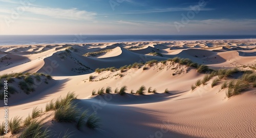 A vast coastal dune system with windsculpted sand dunes and sparse vegetation photo