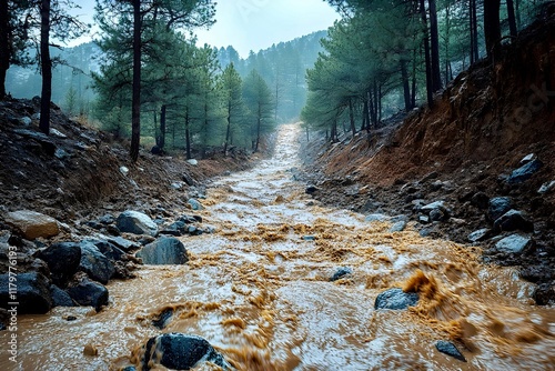 Recent heavy rain had turned the forest landscape into a rushing river of muddy water. Rocks stand on its sides and vegetation has wilted under the downpour. Muddy, churning river.  photo