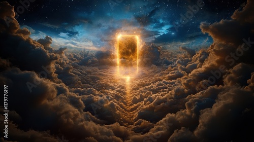 Wallpaper Mural A path leading to a glowing celestial gate amidst bright, heavenly clouds Torontodigital.ca