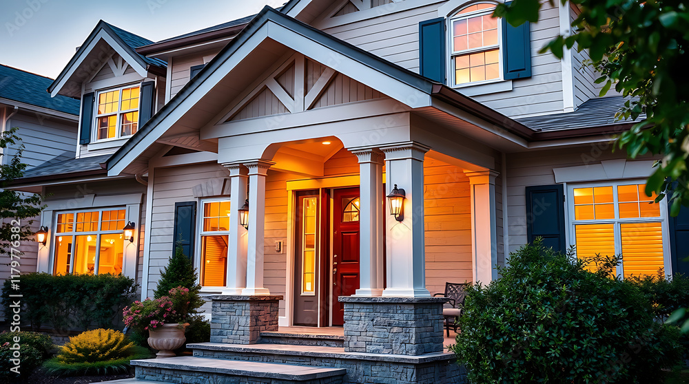 Fototapeta premium Exterior View of Two-Story House at Dusk