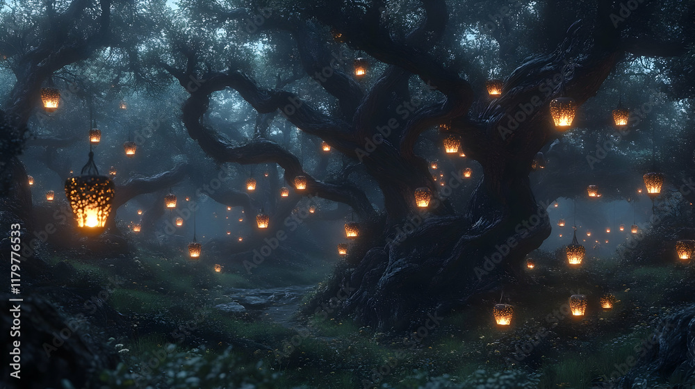Obraz premium Enchanted Forest at Night: Glowing Lanterns and Magical Atmosphere