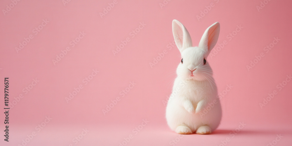 Obraz premium White bunny rabbit isolated on pale soft pastel pink background with copy space, fun easter concept