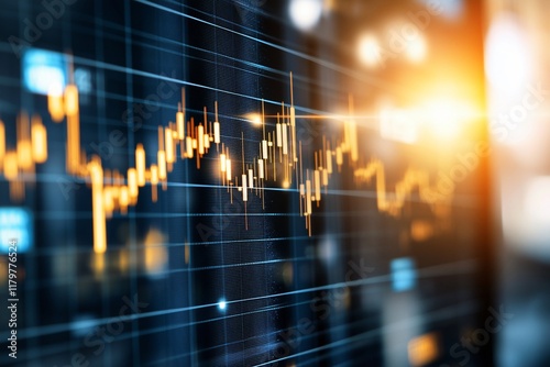 Closeup financial chart with uptrend line candlestick graph in stock market, Finance concept and business photo