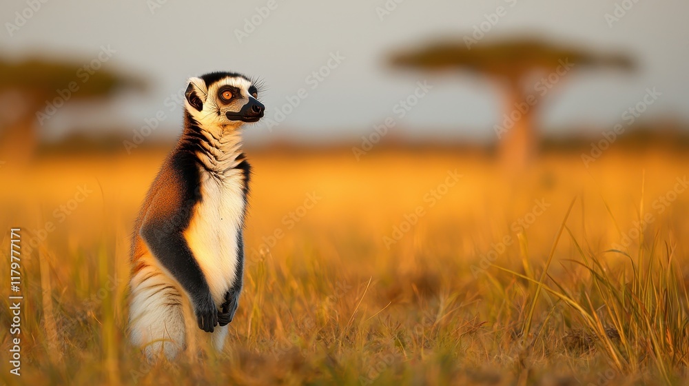 Obraz premium A lemur stands upright in golden grass, with trees in the background, showcasing its unique features in a beautiful natural setting.