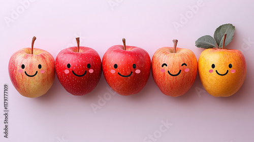 Fototapeta Naklejka Na Ścianę i Meble -  Red apple human heart smiling, happy cute fruits with smiley faces and hearts. healthy organic fresh vegan diet full of vitamins, good nutrition for body.