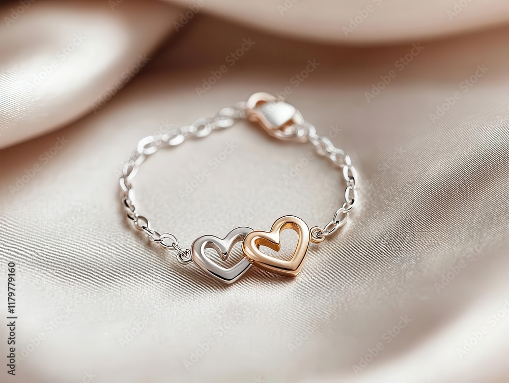 Delicate bracelet with intertwined gold and silver hearts, elegantly displayed on a satin cushion Delicate bracelet with intertwined gold and silver hearts, elegantly displayed on a satin cushion