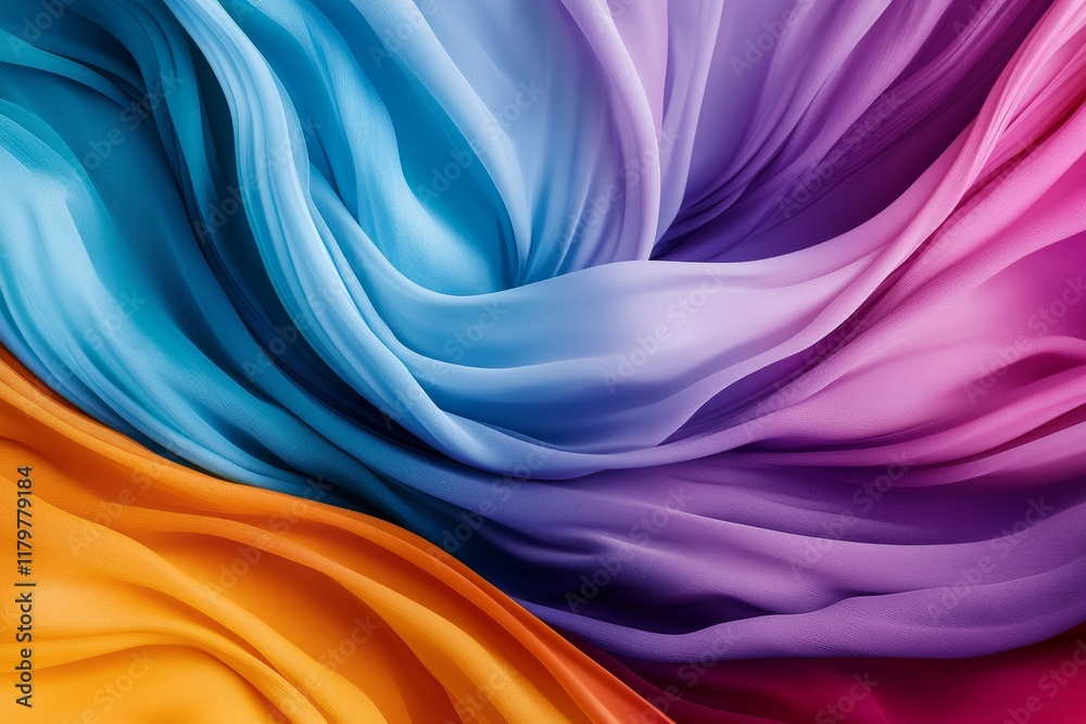 Obraz premium Abstract Colorful Silk Fabric Drape Swirling Gradient Texture Blue Purple Orange Hues