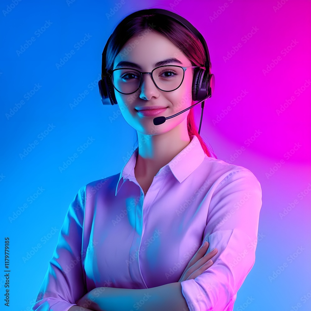 A young woman with a headset, smiling confidently against a colorful background. A young woman with a headset, smiling confidently against a colorful background.