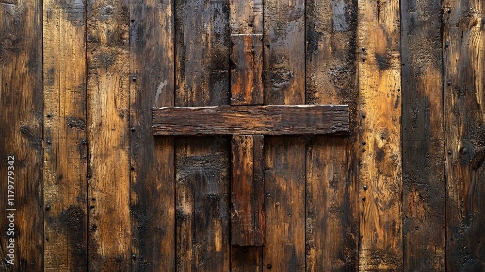 Rustic wooden cross mounted on a weathered wooden wall in a solemn setting Rustic wooden cross mounted on a weathered wooden wall in a solemn setting