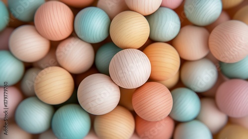 Wooden balls in natural and pastel colors placed in a random pile