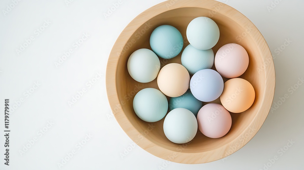 Wooden balls in a soft pastel palette placed in a wooden bowl Wooden balls in a soft pastel palette placed in a wooden bowl