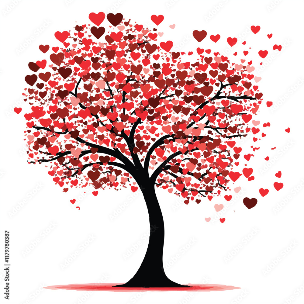 Fototapeta premium Valentine day Vector tree with heart, tree, vector, leaf, nature, branch, spring, flower, illustration, heart, art, design, silhouette, love, season, plant, floral, autumn, blossom, leaves, summer, 
