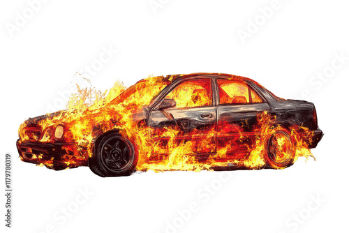 Photos Car on fire color sketch engraving, a dramatic depiction of motion and intensity