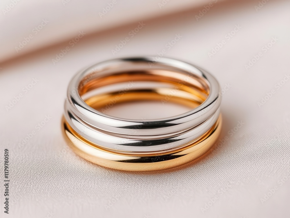 A trio of stackable rings in gold, silver, and rose gold, styled with soft romantic lighting A trio of stackable rings in gold, silver, and rose gold, styled with soft romantic lighting