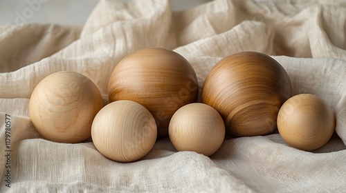 Smooth wooden balls in varying sizes placed on a soft fabric background