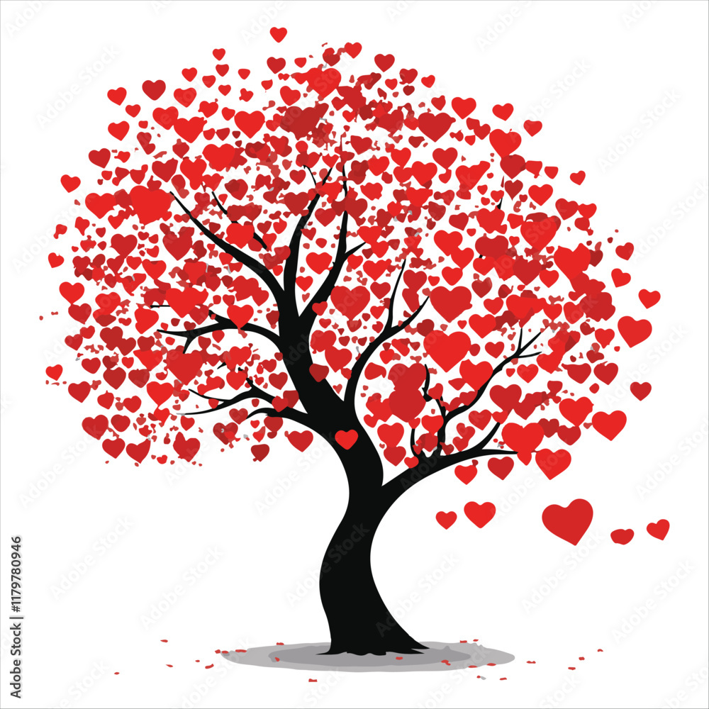 Fototapeta premium Valentine day Vector tree with heart, tree, vector, leaf, nature, branch, spring, flower, illustration, heart, art, design, silhouette, love, season, plant, floral, autumn, blossom, leaves, summer,