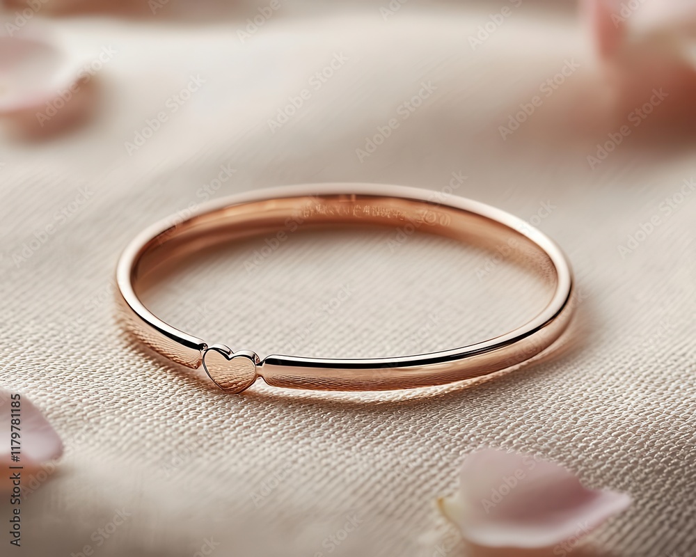 Rose gold bangle with a minimalist heart design, set on a textured fabric and surrounded by petals Rose gold bangle with a minimalist heart design, set on a textured fabric and surrounded by petals