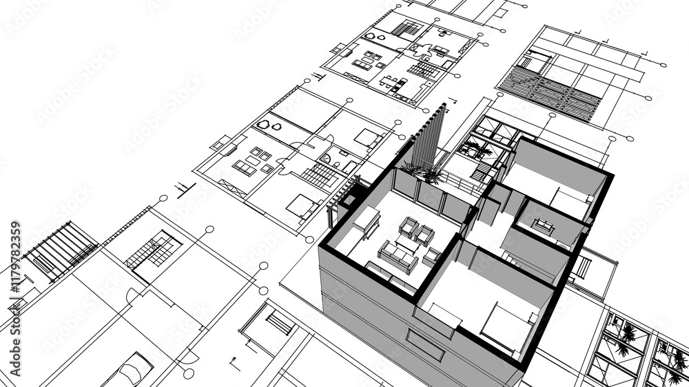 Fototapeta premium house architectural project sketch 3d illustration