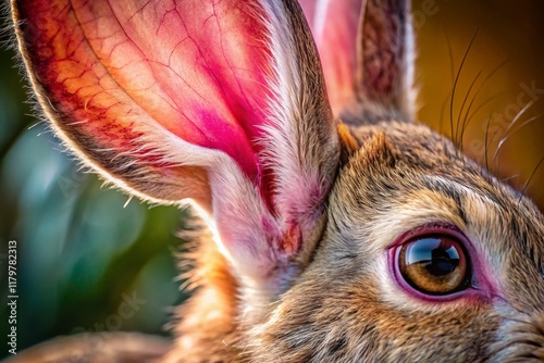 Macro Close-up of a Rabbit's Ear, Detailed Fur Texture, Pink Inner Ear, Animal Wildlife Photography