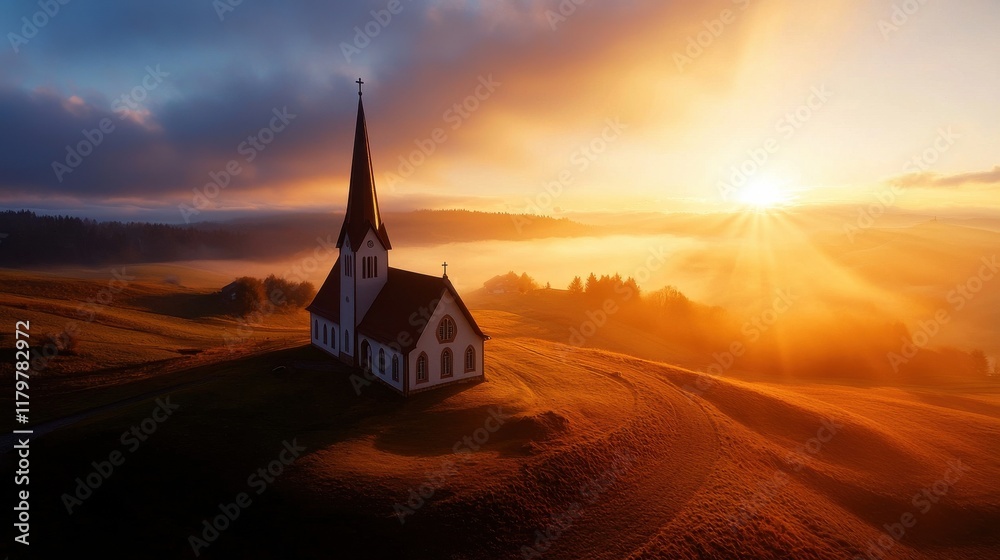 Obraz premium A spiritual sunrise illuminating a quiet countryside church and its steeple