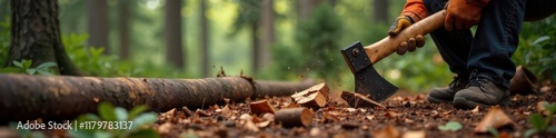 Axe bites into falling redwood Lumberjack's work , woodcutter, outdoor photo