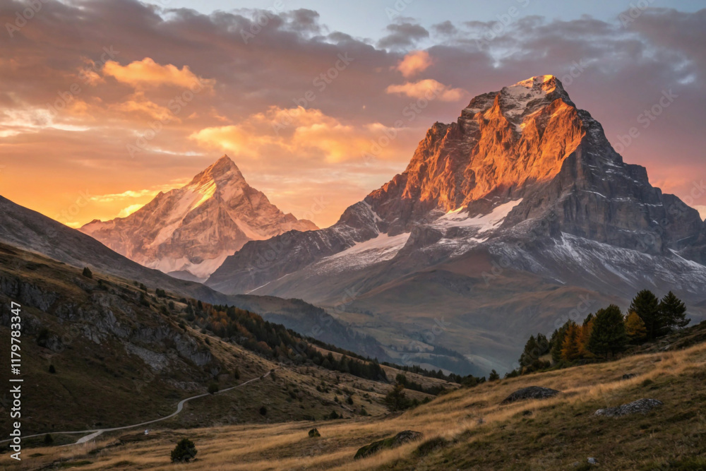 Obraz premium Golden light streaming between two peaks as the sun sets
