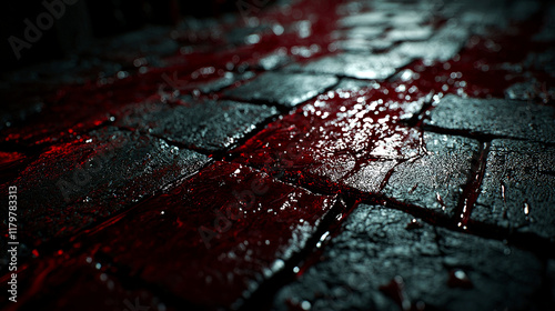 Bloody Cobblestone Street at Night: A Dark and Mysterious Scene