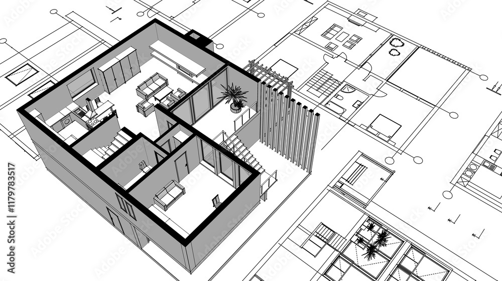 Fototapeta premium house architectural project sketch 3d illustration