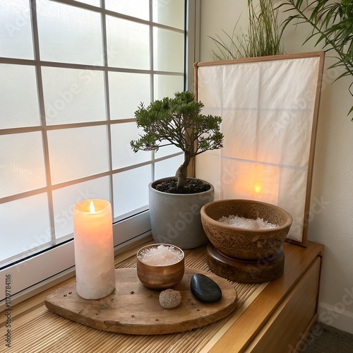 A simple wooden shelf with meditation essentials like incense sticks, small plants, and a Buddha statue, with a calming background of a painted sunrise photo