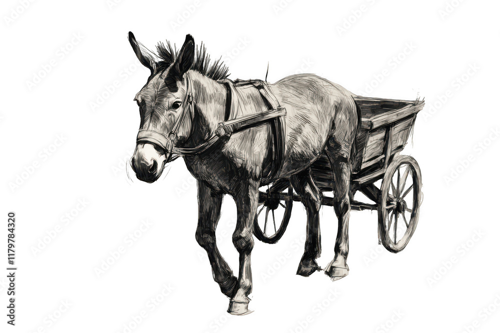 Donkey with cart sketch raster illustration, blending simplicity and tradition. PNG transparent background. Donkey with cart sketch raster illustration, blending simplicity and tradition. PNG transparent background.