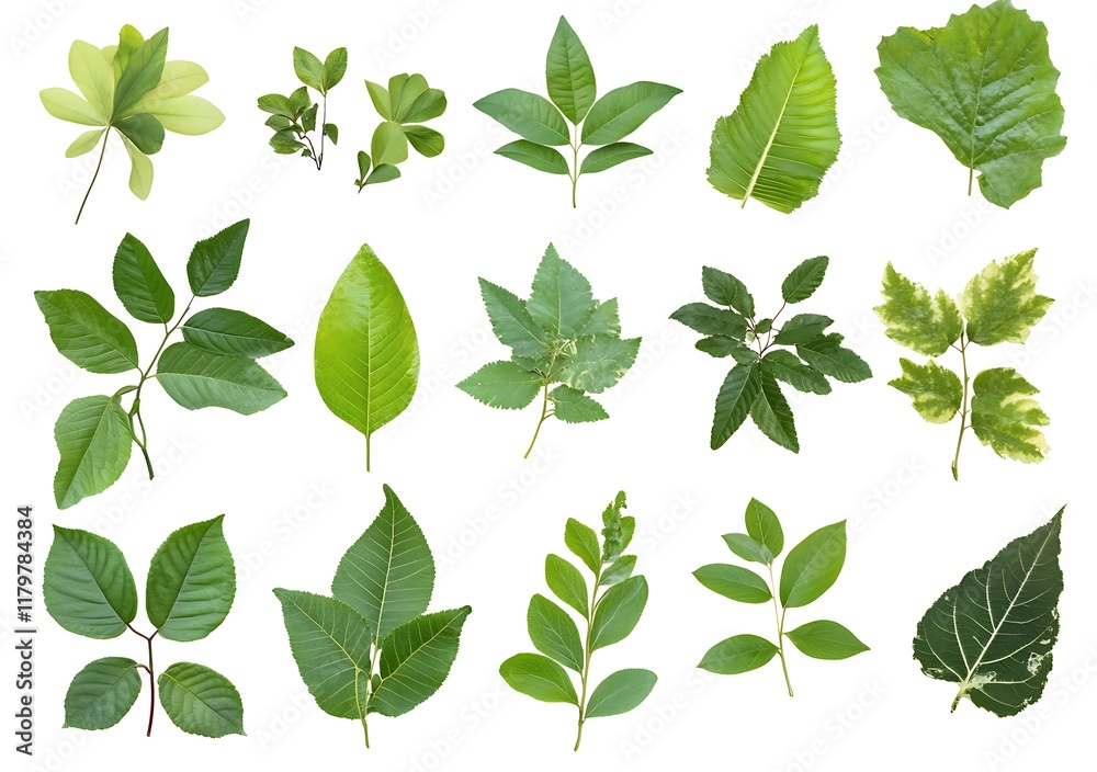 A set of various green tropical leaves isolated on white background A set of various green tropical leaves isolated on white background