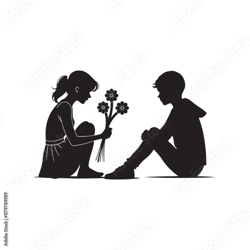 cute young couple lover boyfriend and girlfriend male and female character heart love icon silhouette vector art flat design