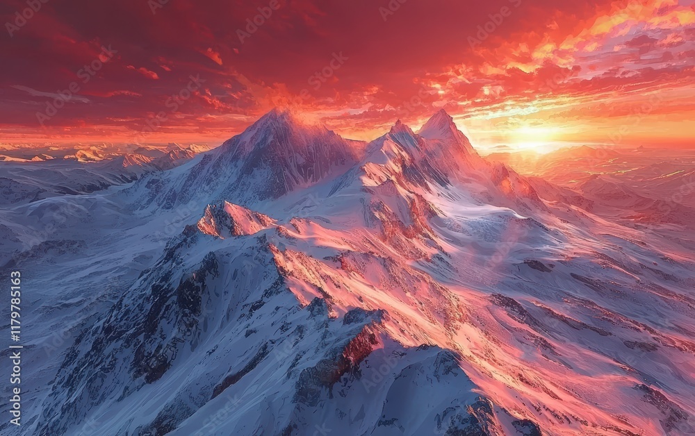 Fototapeta premium A dramatic aerial view of icy cliffs and snowy mountains under a vibrant red sunset