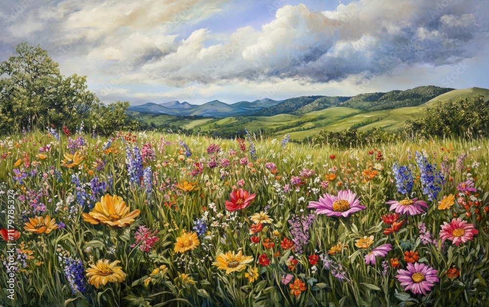 A lush meadow filled with vibrant wildflowers, with a background of rolling hills and a dramatic cloudy sky