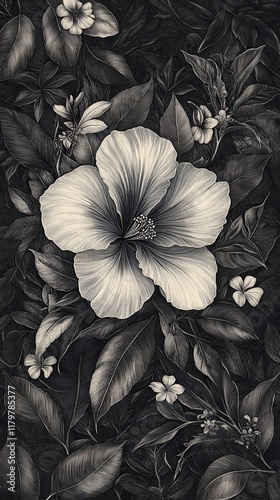 Intricate Botanical Illustration of Blooming Flowers and Lush Leaves