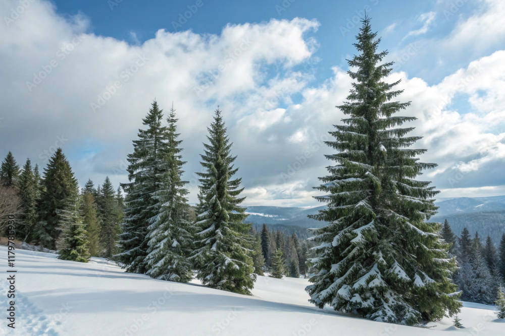 Majestic evergreens standing tall in the snow Majestic evergreens standing tall in the snow