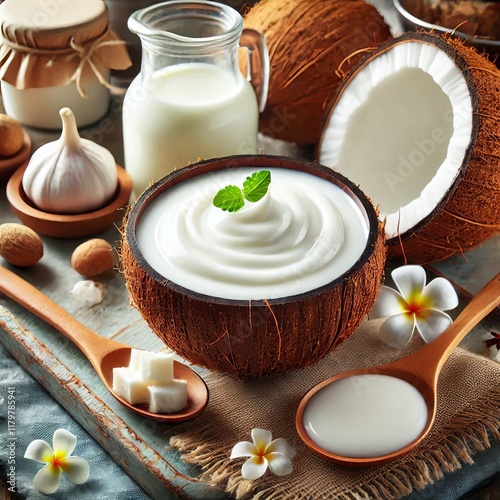 A thick creamy liquid extracted from coconut meat used in cookin photo