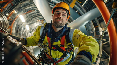 maintenance engineer in safety gear smiles while working at height photo