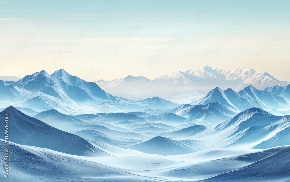 Fototapeta premium A panoramic view of a winter mountain range with rolling snow-covered hills and a clear horizon