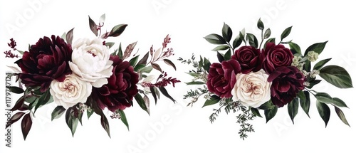 Fototapeta Naklejka Na Ścianę i Meble -  These elegant wedding bouquets blend rich burgundy and white peonies with soft blush roses and lush greenery, adding a modern touch to your unforgettable celebration with loved ones