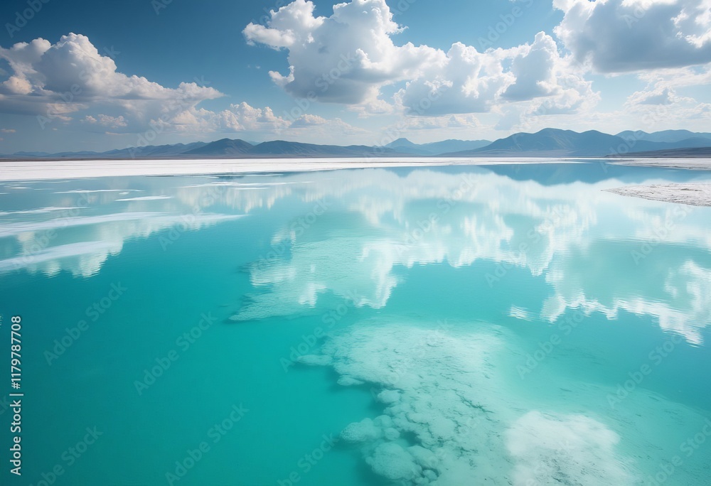 Turquoise water reflects cloudy sky and distant mountains Turquoise water reflects cloudy sky and distant mountains