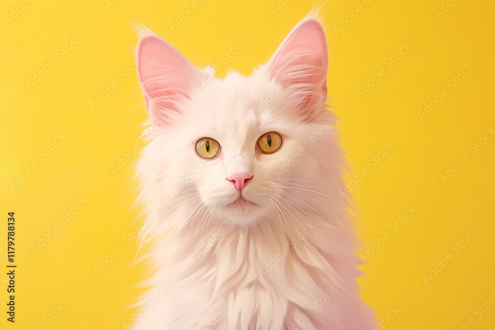 Fototapeta premium Portrait of a cute turkish angora cat on pastel yellow background
